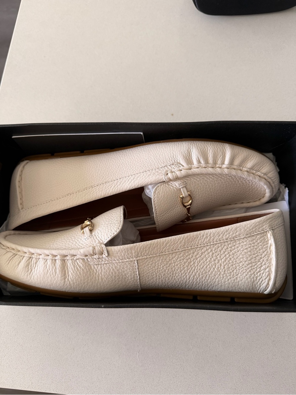 Coach Cream Pebbled Leather Driving Loafers with Gold Bit